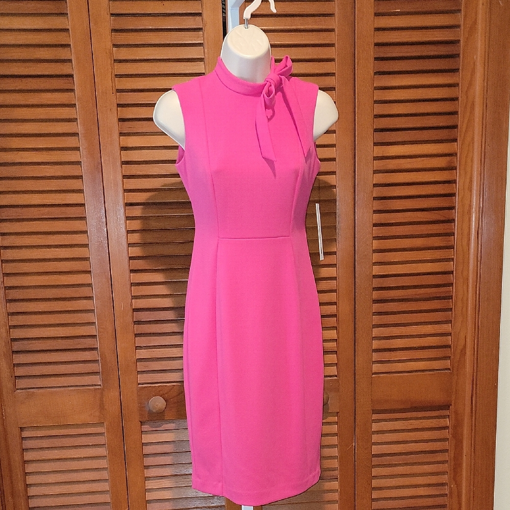 CALVIN KLEIN PETITE SCUBA-CREPE TIE-NECK SLEEVELESS DRESS